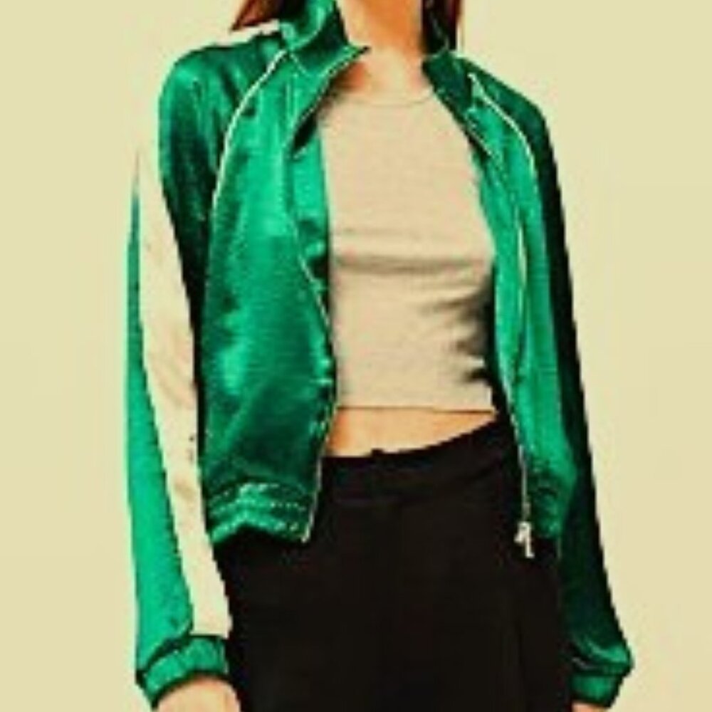 Vintage Bright Emerald Green BDG Urban Outfitters Satin Track Jacket, XS/XXS